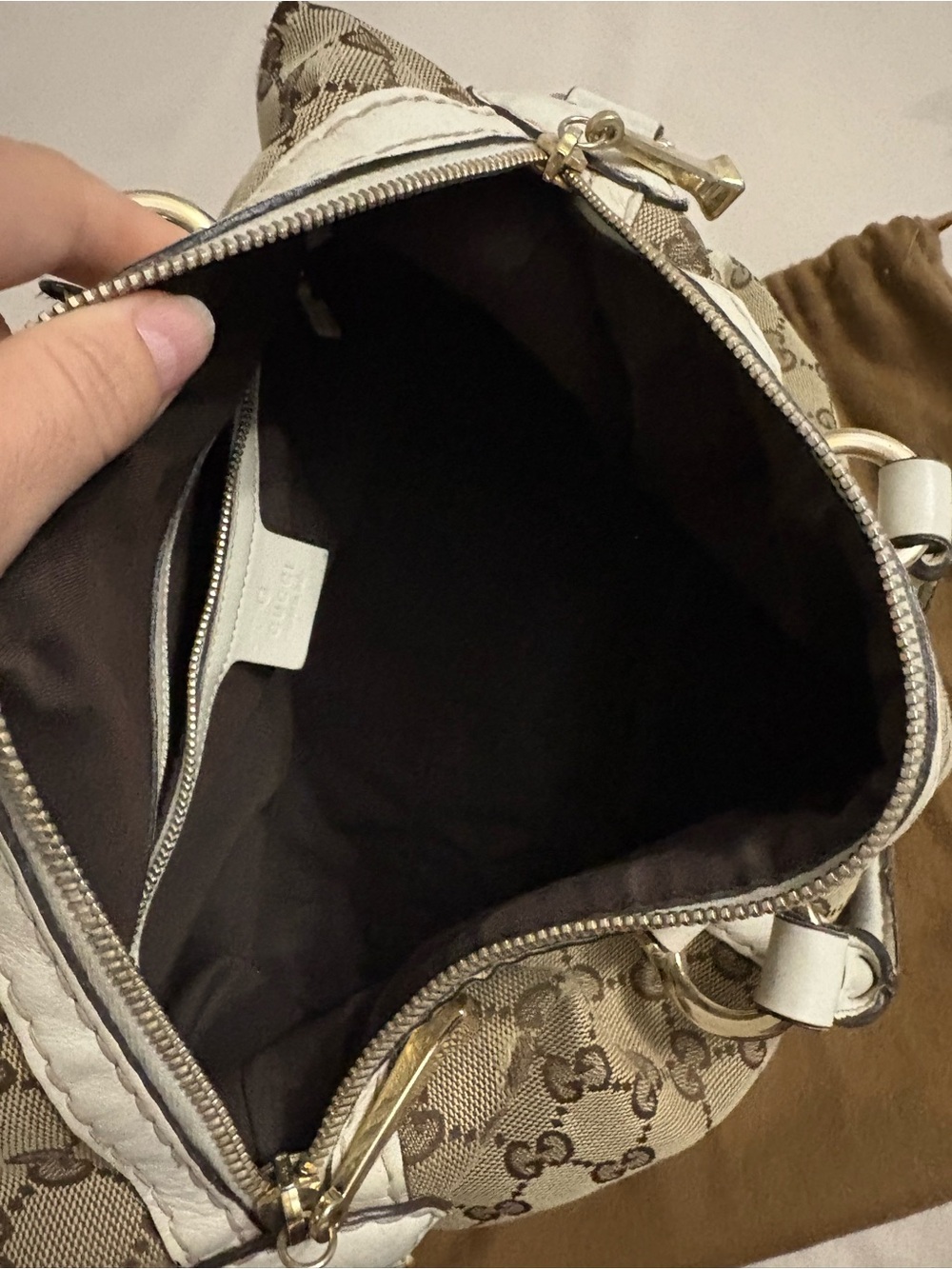 Gucci Beige GG Canvas Satchel with White Leather Trim and Gold Hardware - Picture 6 of 6